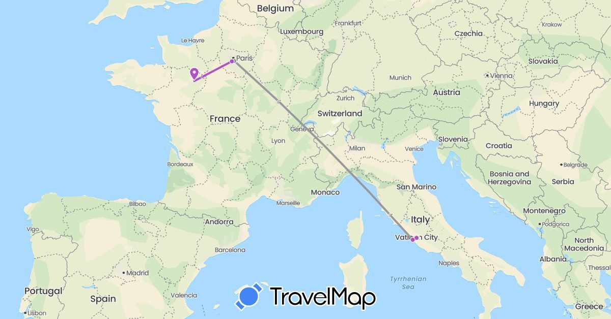 TravelMap itinerary: plane, train, hiking in France, Italy (Europe)